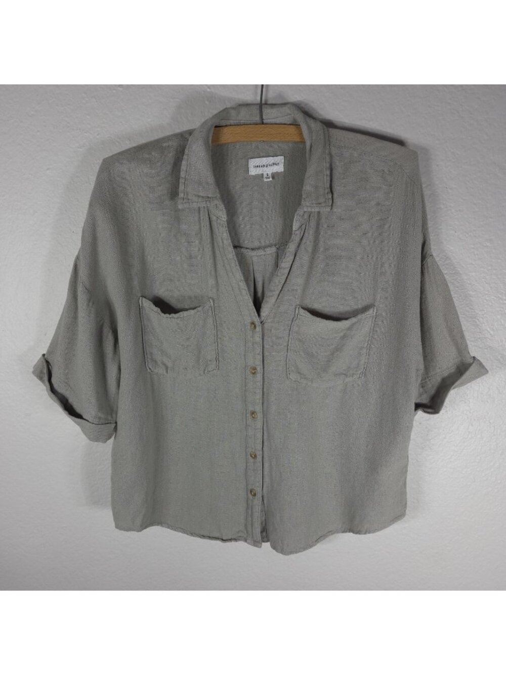 Thread & Supply Linen Shirt Crop S Button Front Short Sleeve RollTab Dusty Green